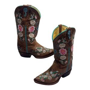 Macie Bean Floral Embroidered Brown Snip Toe Leather Western Boots Girls size 2